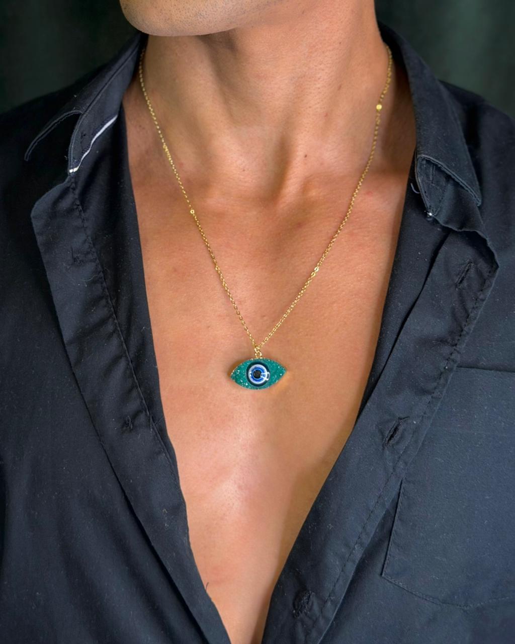 Colar Olho Grego Rústico Esmeralda