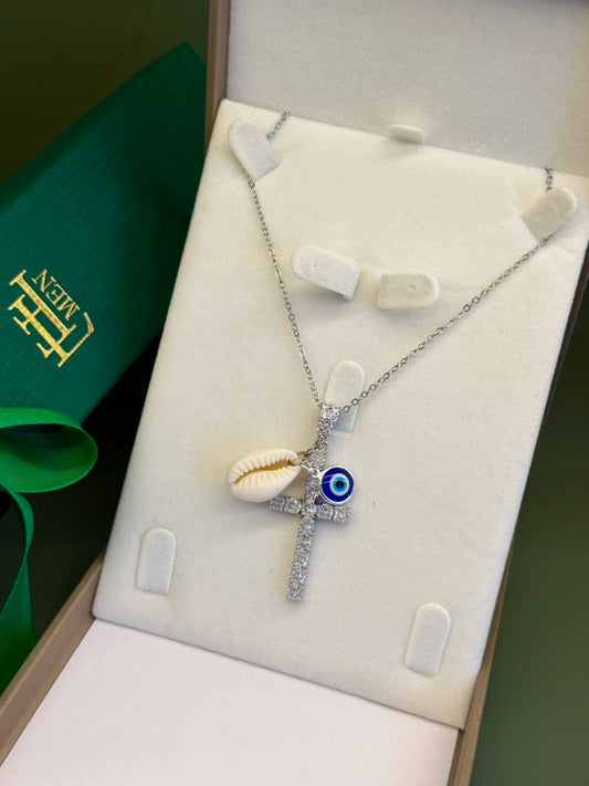 Colar Cruz Búzio e Olho Grego