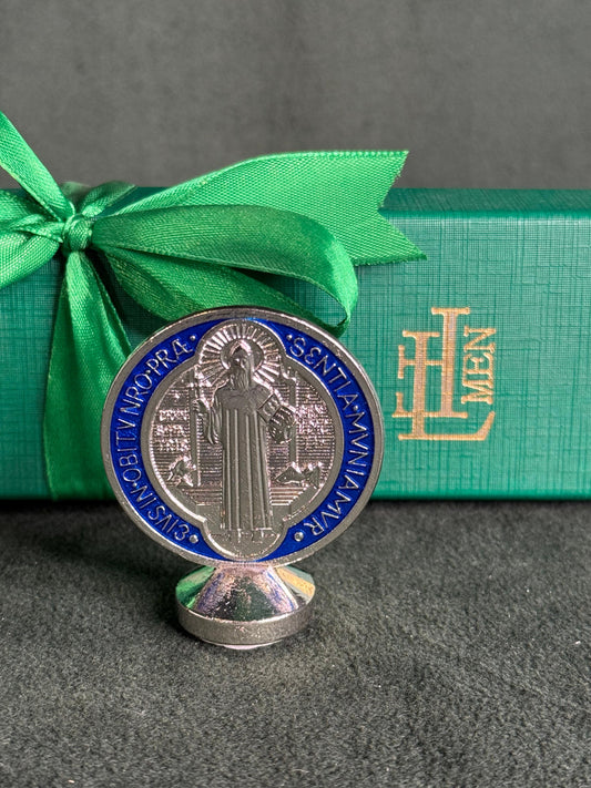 Mini Escultura São Bento Prateado e Azul