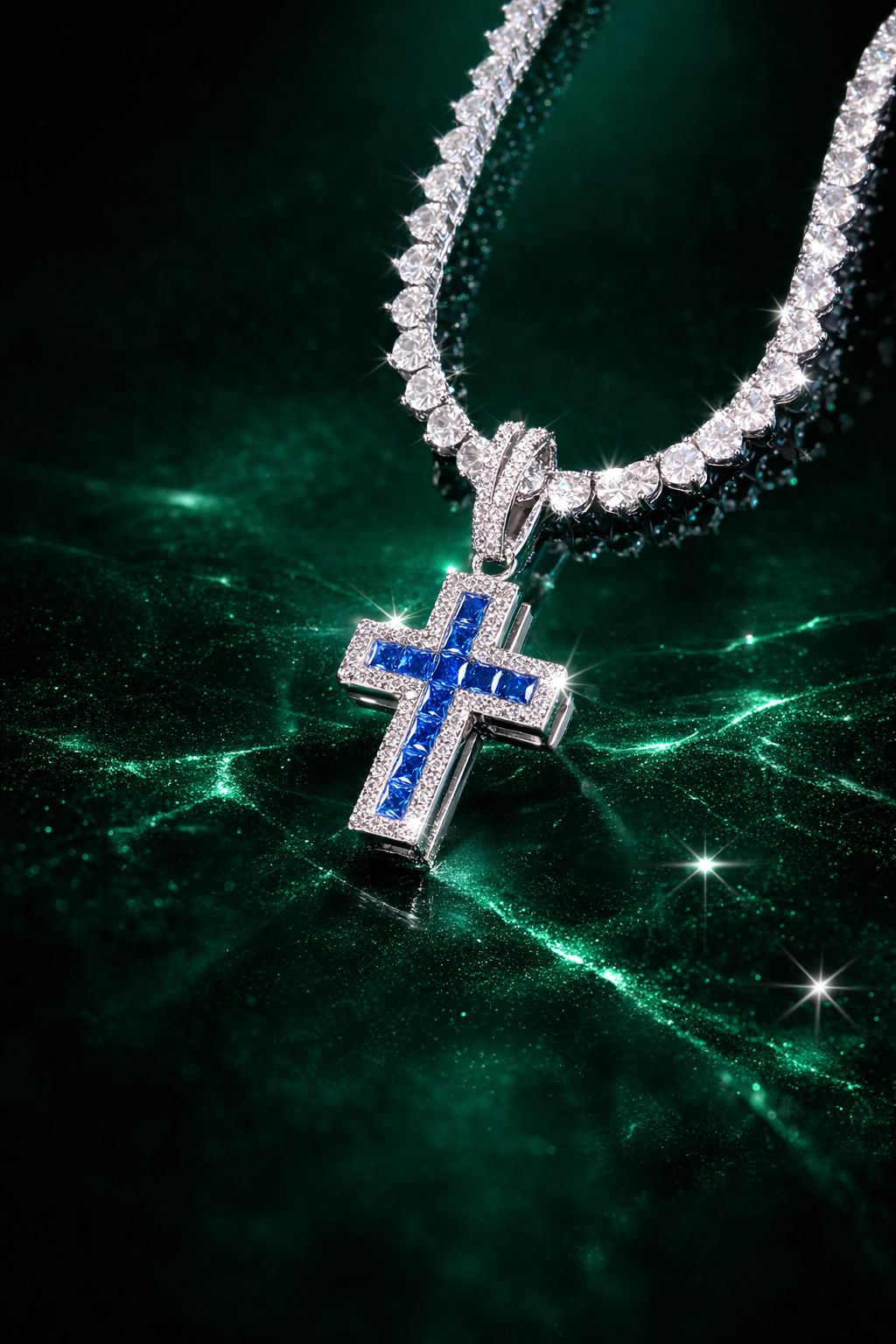 Colar Riviera Cristal Premium + Lumen Cross Safira